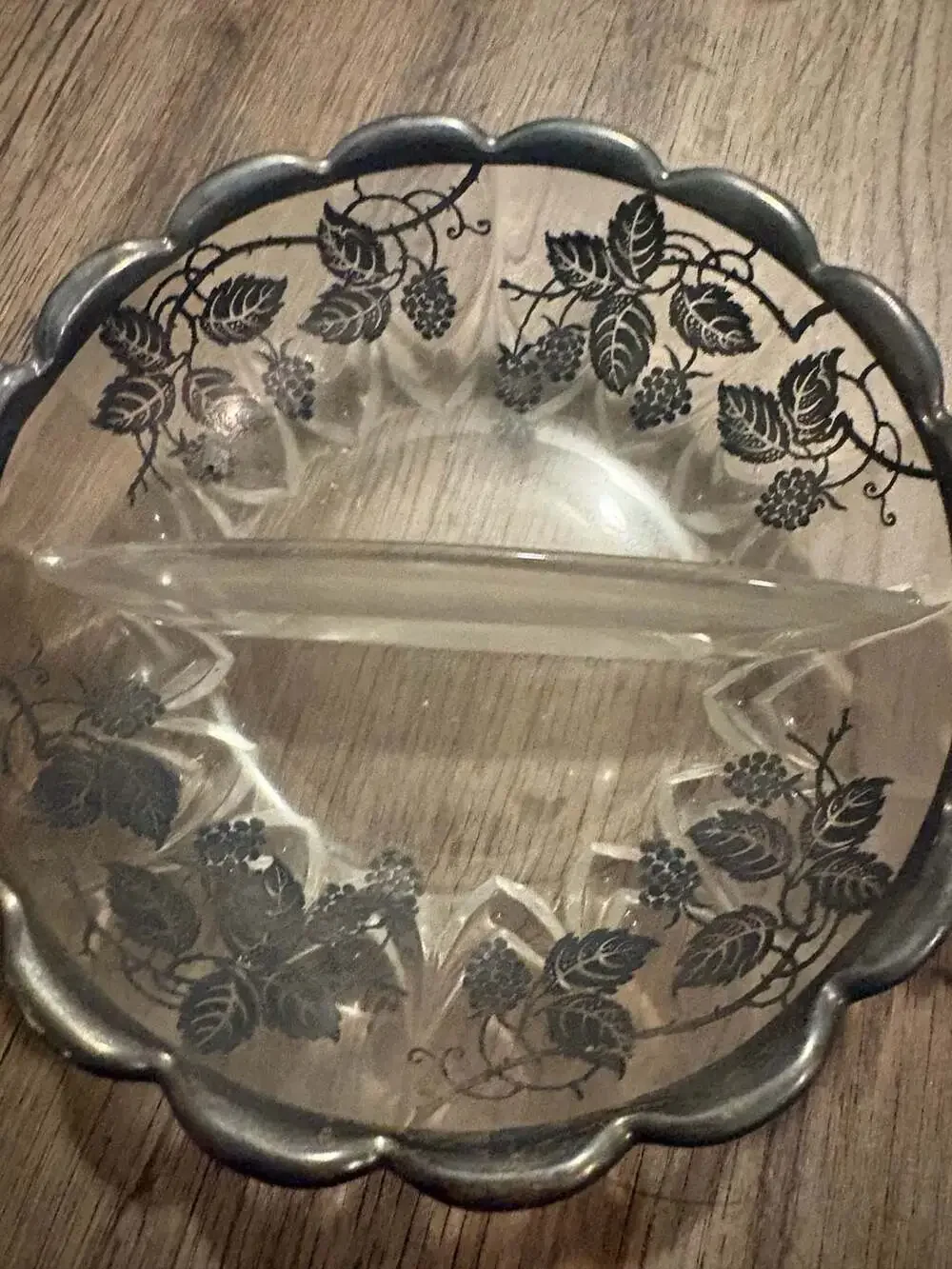 Vintage Silver City Clear Glass Divided Relish Bowl with Sterling Silver Overlay